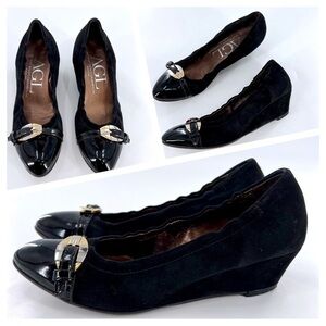 AGL Attilio Gusto Leombruni Black Suede Patent Leather Cap Toe Wedge size 38